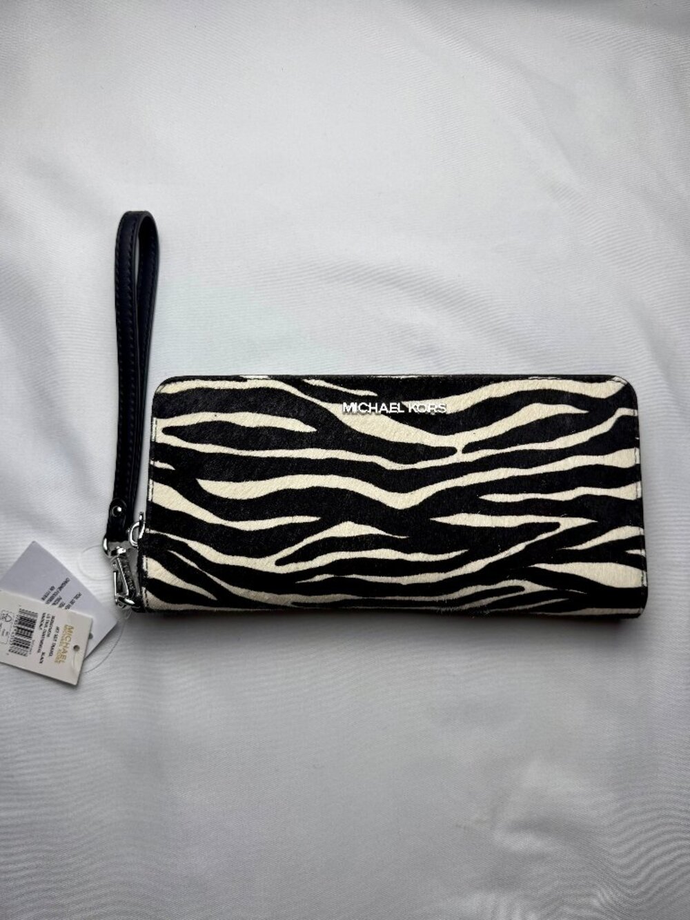 Michael Kors Jet Set Travel Zebra Print Calf Hair Continental Wallet Black White